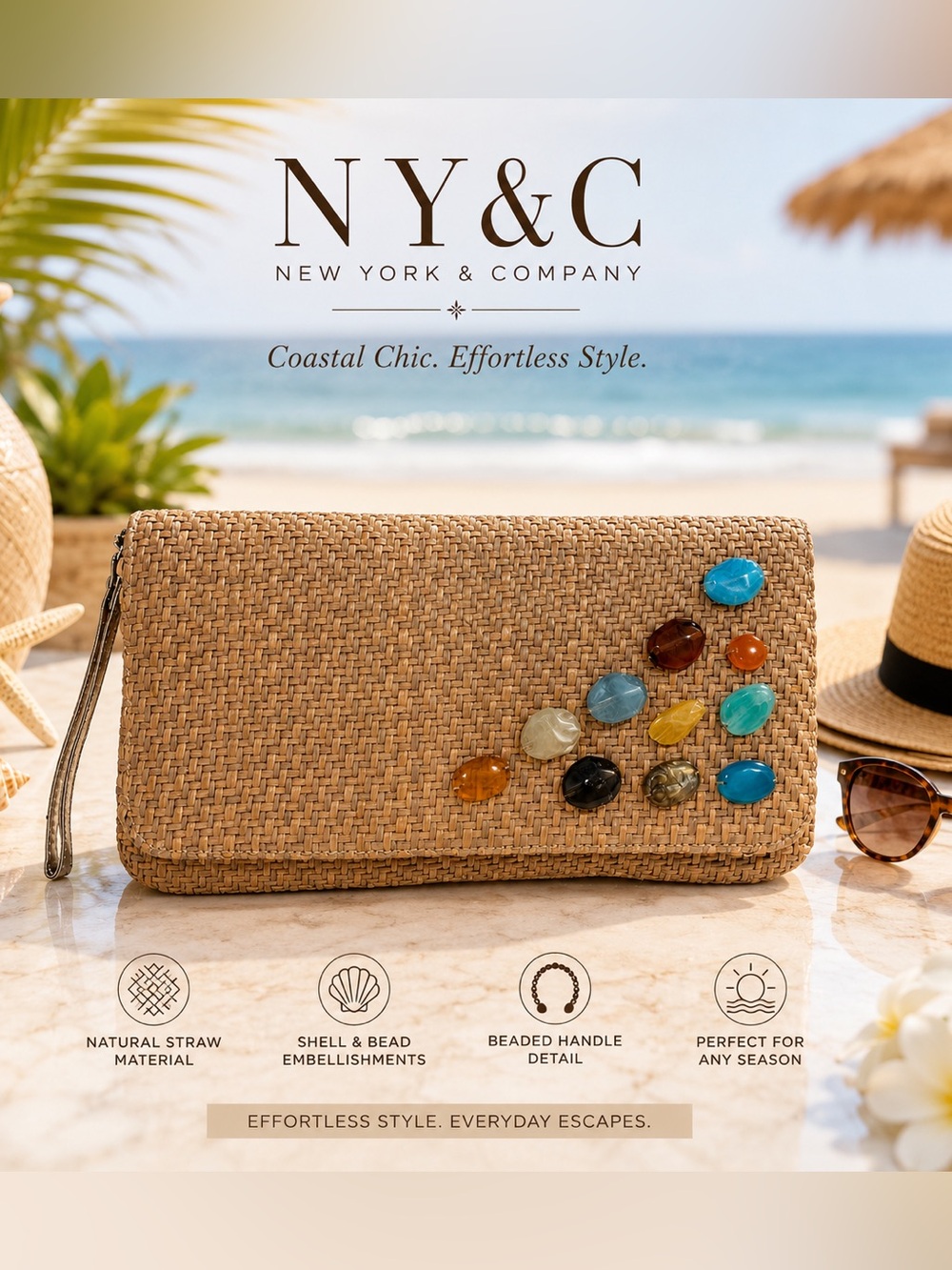 New York & Company Natural Straw Clutch with Multicolor Bead Accents